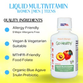 Go Healthy Liquid Vitamins for Women, Men, Teens | Vegan Vitamin & Mineral | High Absorption | Premium Liquid Multivitamin | Immune Support | Peach Mango - 32 Servings
