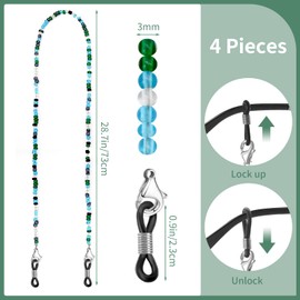 BILIONE 4Pcs Beaded Glasses Chains for Women & Girls, Cute Sunglasses Holder Strap Around Neck, Sky Blue, Navy Blue, Star Blue, Grass Green, 27 inch
