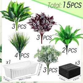 FineCheer 15 Pcs Outdoor Artificial Plants with Window Box Foam UV Resistant Faux Plastic Greenery Shrubs Plants for Indoor Outside Garden Summer Patio Porch Yard Wedding Decoration(Farmhouse)