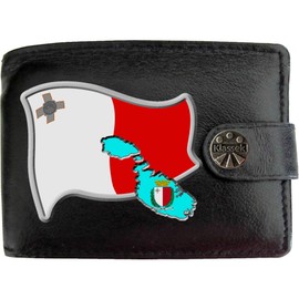 Klassek Malta Flag Maltese Map and Coat of Arms COA Mens Wallet Real Black Leather RFID Blocking with Coin Pocket and Metal Gift Box