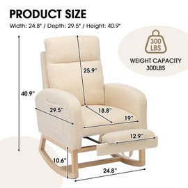 NIOIIKIT Modern Nursery Rocking Chair, Teddy Upholstered Rocking Chair with Footrest, Comfortable Rocker Chair with Side Pocket, Rocker Chair for Living Room, Bedroom, Nursing Room (Cream)