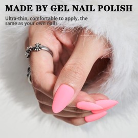 Wooyas Press on Nails Almond,Medium Matte Handmade Pink Fake Nails Reusable, Lightweight Natural Gel Nail in 12 Sizes - 24 Pcs Soft Gel Glue On Nails Kit，Carnation Pink Color