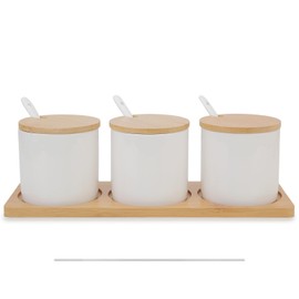 Kitchenexus Set of 3 Condiment Jar Set, Ceramic Salt Sugar Spice Bowl Container with Bamboo Lid Spoon and Tray, Seasoning Storage Canister for Home Kitchen 690ml White