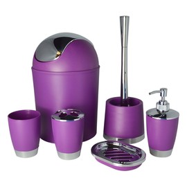 Bathlux Modern Design 6 Piece Bathroom Accessory Set, Toilet Brush, Waste Bin, Soap Dish, Tooth Brush Holder Soap Dispenser, Rinse Cup (Purple)