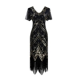 IWIWB 1920s Sequin Vintage Dress Beaded Gatsby Flapper Dress with Accessories Set (X-Large, Style02-Black&Gold)