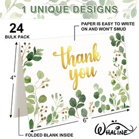 Whaline Greenery Thank You Cards with Envelopes and Stickers Gold Foil Eucalyptus Leaves Greeting Cards Watercolor Blank Note Cards for Wedding Birthday Bridal Baby Shower, 4 x 6 Inch, 24 Packs