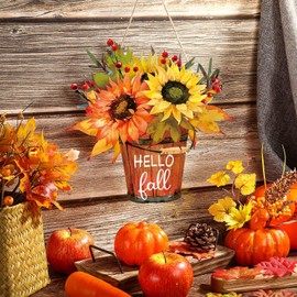 Hello Fall Wooden Farmhouse Home Sign with Sunflower for Porch, Thanksgiving, Autumn Front Door Outdoor Home Decor