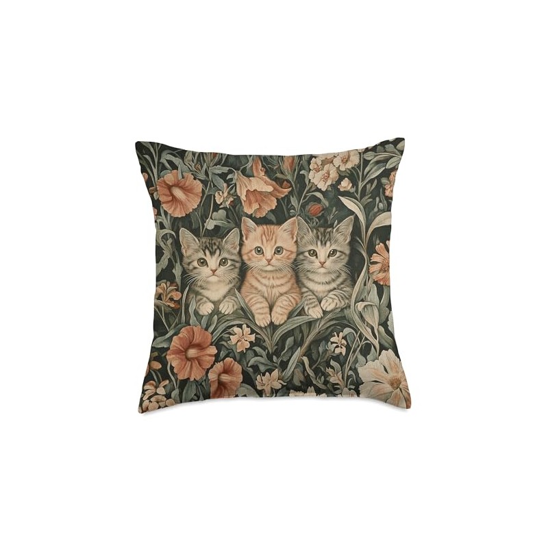 Three Kittens William Morris Style Tapestry Throw Pillow