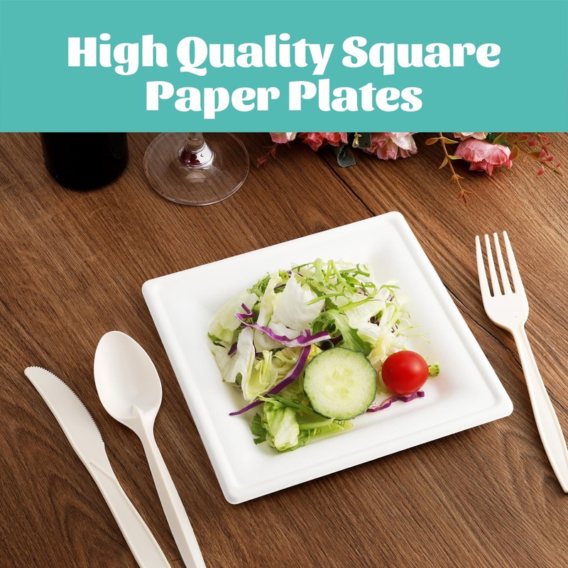 PLMMOUT 150 Pack Square Paper Plates, 8 Inch Compostable Plates,