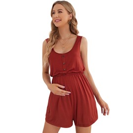 Verdusa Women's Maternity Scoop Neck Button Front High Waist Tank Romper Rust Red M