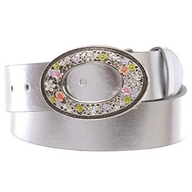 1 1/2" Women's Snap On Oval Rhinestone Western Engraving Hollow Out Perforated Floral Flower Buckle Leather Belt, Silver | S- 30"~32"