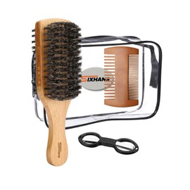 Beard Brush for Men Dual-Sided Soft Beard Mustache Brush Beard Care Kit – Natural Boar Bristle Brush,Comb & Scissors for Bushy or Trimmed Beards,Durable Pocket Travel-Friendly Grooming Set
