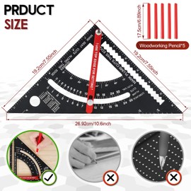 7 inch Carpenter Square, Woodworking Triangle Ruler Set, CNC Aluminum Alloy Framing Square, Adjustable Angle Carpentry Triangle Ruler, Multifunction Carpenter Square Protractor with 5 Pencils