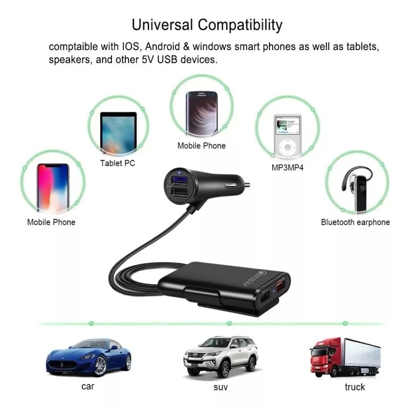 THE9SHOP Combo Cargador Para Auto 3.1a 2+2usb Ampliar Cable V8