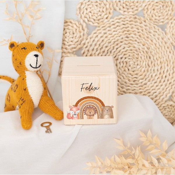wunderwunsch® - Personalised Wooden Money Box with Metal Lock -