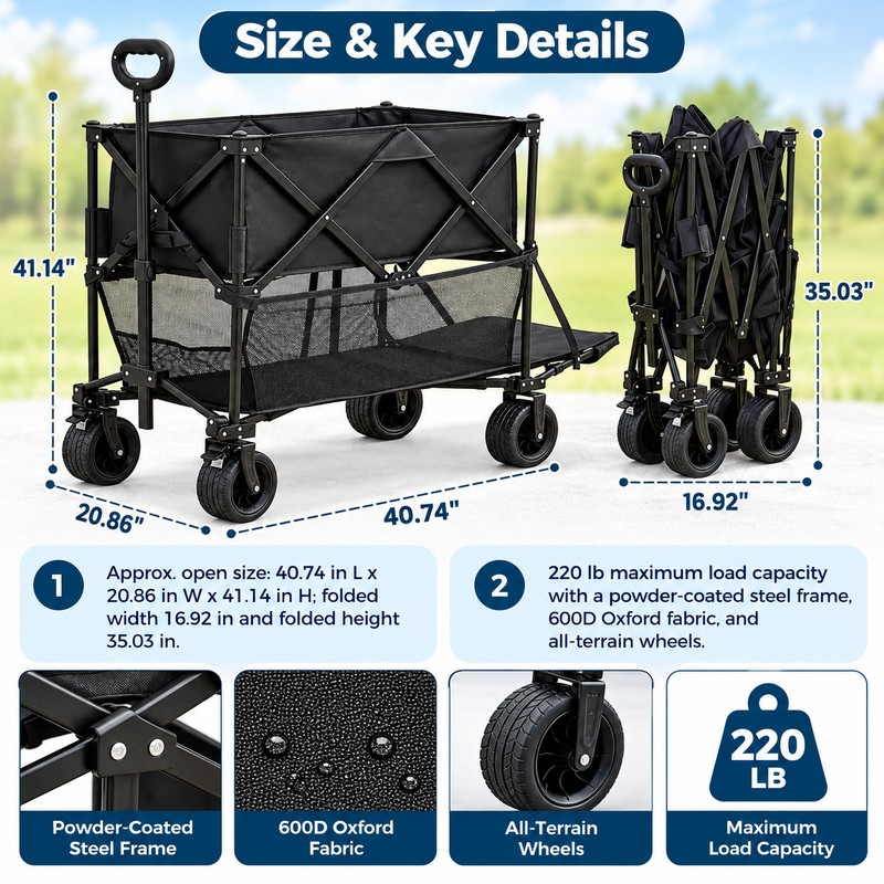 2-Tier Folding Utility Wagon for Outdoor Transport - 220 lb