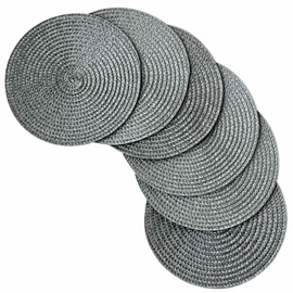 Round Woven Placemats Set of 6, 18cm Small - Braided Coaster Mats for Coffee Tables & Dessert Plates(Grey)