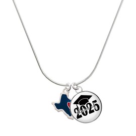 Delight Jewelry Silvertone Blue Texas with Red Heart Script Class of 2025 Dome Charm Necklace, 18"
