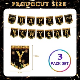 3 Pack Happy New Year Tablecloth with 3 Pack Banners, New Years EVE Party Supplies 2025, Black and Gold Rectangle Disposable Tablecloth and Banner, 2025 New Years Decorations