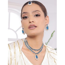 IIJ Teal Blue and White Necklace with Stud Earrings | Two-Layered and Sparkling Square-Shaped Rhinestone Crystal Design | Maang Tikka for Wedding Jewellery Set for Women