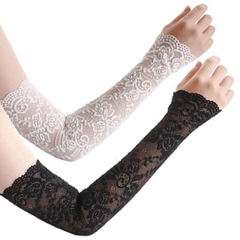 2 Pairs, Breathable Lace Arm Sleeves, Long Sleeves Hand Cover, Arm Warmers with UV Sun Protection, Fingerless Sleeves, Arm Warmers for Party, Dating, Outdoor Sports Activities, Black/White, Black +
