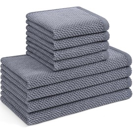 Mordimy Kitchen Towels and Dishcloths Sets, 26 X 15 Inch and 12 X 12 Inch, Set of 8, Soft and Super Absorbent Dish Towels for Drying Dishes, Dark Grey with White