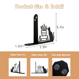 Whimsical Cat & Botanical Bookends – Unique Metal Bookends with Cats, Plants & Stacked Books Design | Cute Decorative Book Supports for Cat Lovers