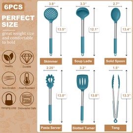 LIANYU Silicone Kitchen Cooking Utensils Set, 6Pcs Heat Resistant Kitchen Tools Spatula for Nonstick Cookware, Slotted Turner, Spoon, Soup Ladle, Pasta Server, Skimmer, Tongs, Blue