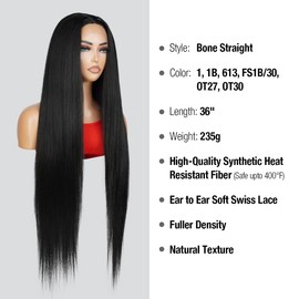 STUDIOCUT BY PROS 36 Inch Bone Straight Super Long length Wig Lace Front Wigs Middle Center Part Wig for Black Women Realistic Hairline Heat Resistant Synthetic Wig DPL002 (36 Inch, 1-Jet Black)