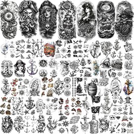 84 Sheets Pirate Temporary Tattoos Adult, 24 Sheets Half Arm Captain Anchor Compass Sailboat Tattoos Large, 60 Tiny Flag Skull Sailor Fake Tattoo for Costume, Cross Arm Tattoos for Men Women Kids
