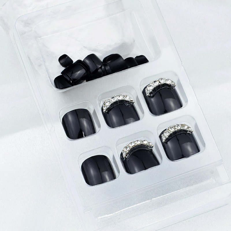 Black Press On Toenails Short Square Glossy Solid Black with