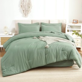 Litanika Comforter Queen Size Set Sage Green - 7 Pieces Bed in a Bag Queen Bedding Comforter Sets, Plain Lightweight Bed Set with Comforter, Sheets, Pillowcases & Shams