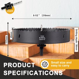 8 1/2 inch Hole Saw for Metal and Plywood, Bi-Metal Circular Wood Drill Bit Cutting 1.75” Deep with Hex Shank for Drywall, Fiberglass, Plasterboard, Acrylic and Sheet Steel