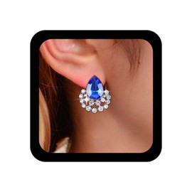 Yheakne Vintage Teardrop Sapphire Earrings Blue Crystal Stud Earrings Silver Cz Rhinestone Earrings Blue Sapphire Gemstone Earrings Jewelry for Women