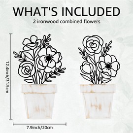 ZAZIWZ 2 Pieces Metal & Wood Flowers Wall Arts - Rustic Farmhouse Wall Decor Minimalist Vase Flower Wall Decor for Living room Dining Room Bathroom Bedroom Kitchen