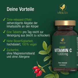 VITACTIV Vitamin C TIME RELEASED - Vitamin C Hochdosiert plus Natürliches Hagebutten Extrakt - Vegan, Zuckerfrei, Hohe Bioverfügbarkeit - Laborgeprüft in Deutschland, 100 Vitamin C Tabletten