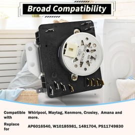 W10185981 Dryer Timer Compatible with Whirlpool, Maytag, Kenmore, Crosley, Amana, Replacement for AP6016540, 1481704, PS11749830, EAP11749830 1 Year Warranty