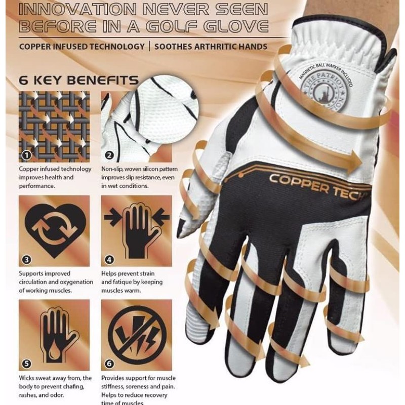 Copper Tech Gloves Men's Copper Tech Golf Glove, White/Black, One