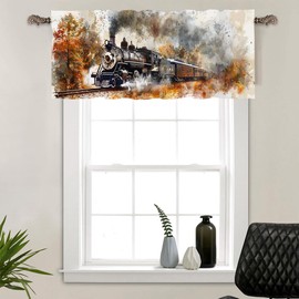 HDESDIS 1 Panel Retro Rustic Train Kitchen Valance Curtains for Windows, Forest Railway Watercolor Window Treatment Rod Pocket Drapes Valances for Bathroom, 54" X 18"