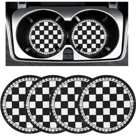 4 PCS Car Cup Coaster,Anti-Slip Auto Cup Holder Insert Coaster, Bling Crystal Rhinestone Cup Mat for Women, Interior Decor Car Accessories (Black and White Checkerboard, One Size（Diameter 7）)
