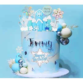 GallaRato 20 piezas de decoración de pastel de copo de nieve, suministros de fiesta de invierno, decoración de pastel de bola azul