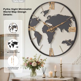 Pytha Sight 24 Inch Large Wall Clock,Modern Decorative Big World Map with Vintage Gold Roman Numeral Extra Giant Metal Oversized Wall Clocks for Living Room,Office,Kitchen,Dining Room,Bedroom