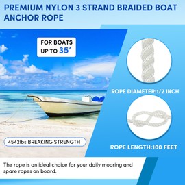 VEITHI Boat Anchor Rope 100 ft x 1/2 inch White, 3 Strand Nylon Anchor Line Anchor Rope with Stainless Steel Thimble & Shackle Ideal for Towing,Docking,Boats,Mooring,Anchoring,for Boats Up to 35'