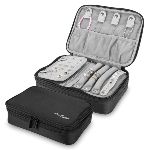 ProCase Travel Jewellery Case Jewellery Box for Jewellery Storage Jewellery Bag Soft Padded Double Layer Jewellery Organiser for Earrings Rings Necklaces Bracelets Watches etc. - Black