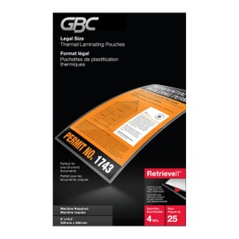 GBC RetrieveIt Laminating Pouches, 4 Mil, Legal Size, 9 x 14-1/2-Inch, 25 Per Pack, 6447403137