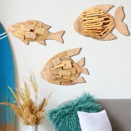 Wesiti 3 Pcs Driftwood Fish Nautical Wall Art Hand Crafted Coastal Beach Driftwood Decor Handmade Wooden Rustic Coastal Wall Art for Home Living Room Bedroom Office Bathroom Ocean Beach Decoration