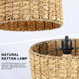 SADUENFR Rattan Pendant Lights, 11.8" Boho Wicker Hanging Light Fixtures, Handwoven Farmhouse Pendant Lighting for Kitchen Island Sink Dining Room