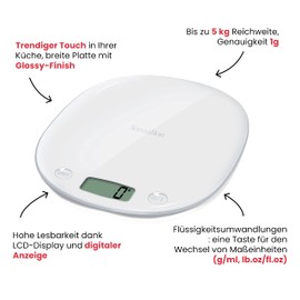 TERRAILLON Electronic Kitchen Scales - Tare Liquid Conversion, Integrated Handle, Weighing Range 5kg, Accuracy 1g - Model 'Macaron Inox' Meringe