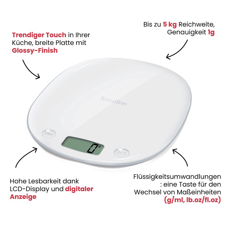 TERRAILLON Electronic Kitchen Scales - Tare Liquid Conversion, Integrated Handle,