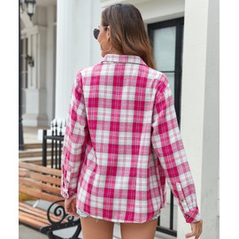 Deer Lady Plaid Flannel Shirts for Women Buffalo Plaid Shirts Oversized Long Sleeve Casual Button Down Blouse Top Bright Pink White XL 0802
